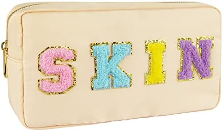 Preppy Patch Makeup Bag-Nylon Cosmetic Preppy Makeup Skin Bag with Zipper-Varsity Stoney Clover Chenille Letter Makeup Travel Organizer Valentines Bag that Kid Valentines Day Gifts for Her and Him