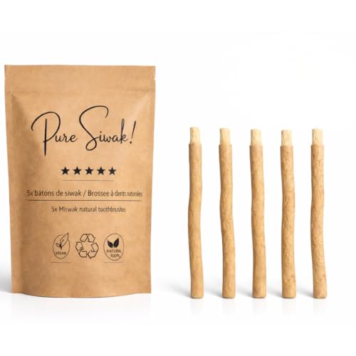 Pure Siwak - Lot de 5 - Siwak, baton siwak, brosse a dent souple, miswak, brosse à dent en bois en baton de siwak