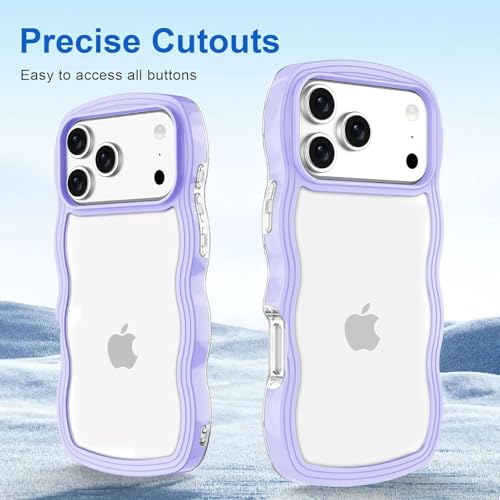 Image of GoldKart iPhone 17 Pro Case Wavy Edge Clear Back Design, Anti-Slip Grip Cute Wave Curly Frame Shape Shockproof Soft TPU & Hard PC Bumper Protective Phone Case Cover for Women Girls - Purple