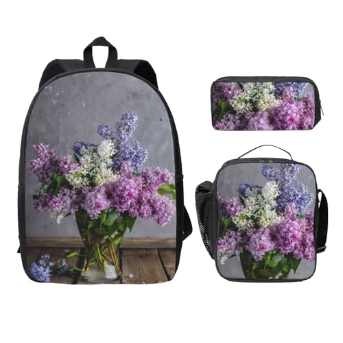 Sac à dos imprimé fleurs lilas noir avec trousse scolaire et sac à repas fille