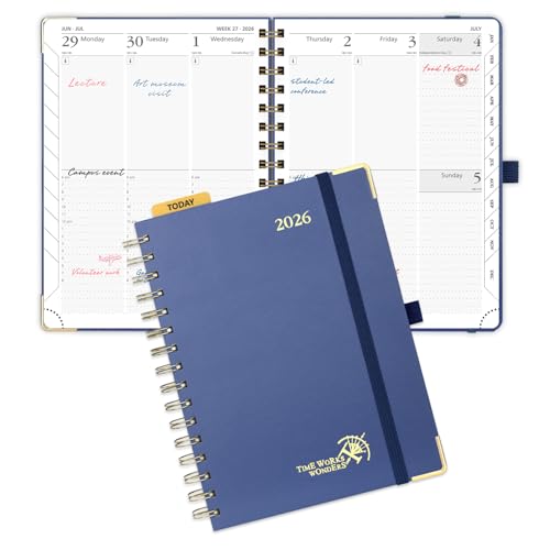 POPRUN 2026 Planner (Medium Size 8.5'' x 6.25'' Wire-Bound Hard Cover) Daily Weekly and Monthly Calendar - Agenda 2026 (Jan.2026-Dec.2026) with Hourly Schedule, Monthly Tabs - Navy Blue