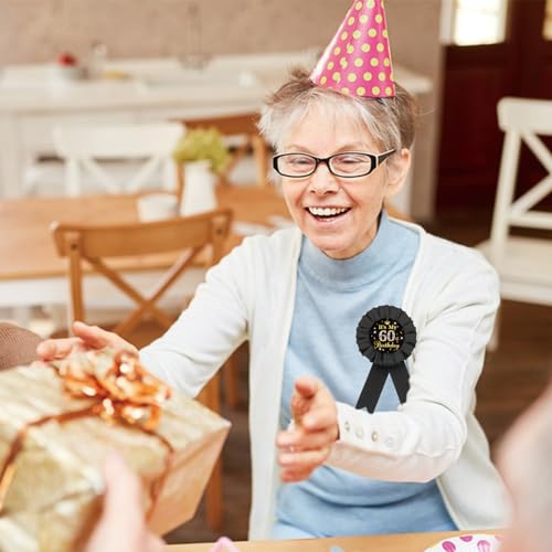 Image of It's My 60th Birthday Tinplate Badge Pin, Gold Diamond Happy 60th Birthday Button Pin, Black Rosette Sixty Award Ribbon for Women, Brooch Buttons for 60 Years Old Birthday Party Decoration