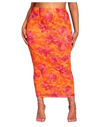 MakeMeChic Women's Plus Size Casual Allover Floral Print Bodycon High Waist Boho Pencil Midi Long Skirts
