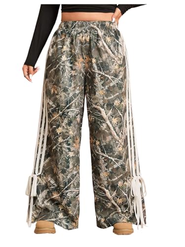Women's Plus Size Striped Camo Print Pants High Waisted Wide Leg Bowknot Baggy Trousers Streetwear