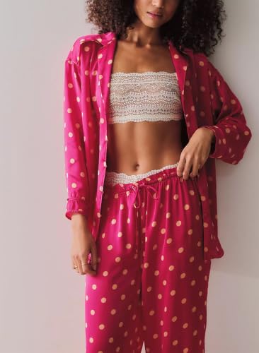 Image of Women Satin Pajama Sets Floral Silk Pajamas Pj Set | 2 Piece Lounge Sets, Button Down Long Sleeve Shirts and Wide Leg Pants Pjs Set, Christmas Holiday Valentine's Day Sleepwear