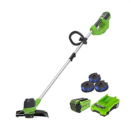 Greenworks Cortadora de césped G40LT con 3 piezas de carrete de doble hilo, Li-Ion 40V 30cm de ancho de corte 7000rpm giratorio e inclinable cabeza de motor con batería de 2Ah y cargador