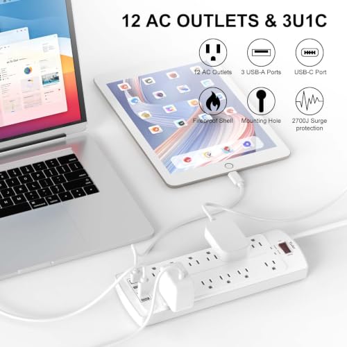 Image of 6 Feet Extension Cord Power Strip, Yintar Surge Protector with 12 AC Outlets and 4 USB Ports, 2700 Joules, ETL Listed, White