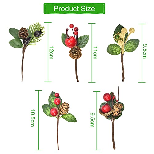 BUZIFU Artificial Christmas Picks 20 Pcs Christmas Holly Berry Branches Artificial Pine Cones Berry Stems Decor Bouquets Christmàs Foliage for Xmas Wreath Decorations DIY Xmas Crafts (5 Styles) - Image 2