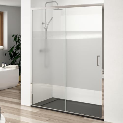 Mampara Ducha Frontal 1 Puerta 1 Fijo Corredera | Vidrio Templado 6mm Antical Serigrafía Izquierda | Cromo Brillo 160 cm (Adaptable 157,5-161,5cm)