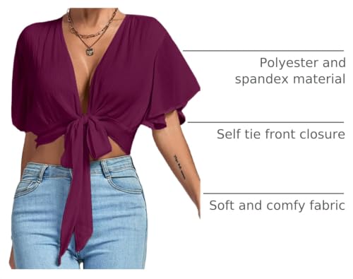Image of LYANER Women's Sexy Deep V Neck Tie Front Wrap Cropped Blouse Bell Short Sleeve Ruffle Crop Tops