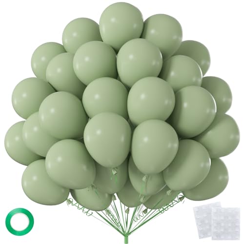 50pcs Sage Green Balloons 12inch Matte Boho Green Balloons for for Wedding Decor Safari Baby Shower Jungle Birthday Balloon Decoration (With Ribbon & Glue)