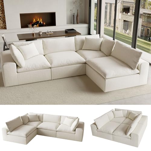 Image of 130 inch Oversized Cloud Couch, Modular L Shaped Sectional Sofa with Deep Seats, High Density Foam No Sag Support, No Assembly Required 4 Seater Washable Fabric Couch for Living Room, White
