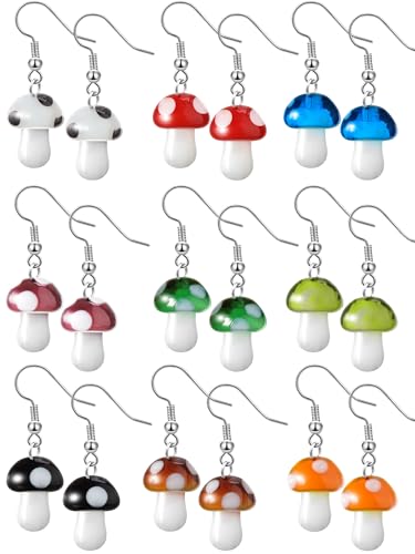 9 Pairs Mushroom Earrings for Women Long Pendant Glass Mushroom Earring Colorful Steampunk Earring Creative Funny Cute Weird Jewelry Women's Drop and Dangle Earrings