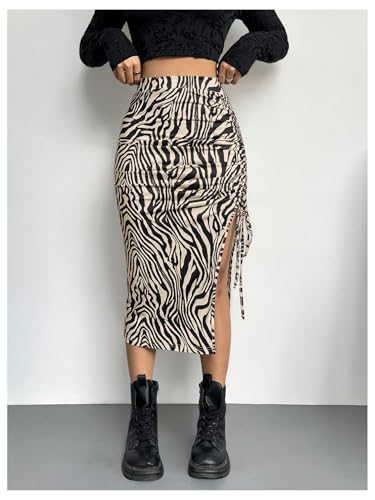 Verdusa Women's Animal Print Drawstring Thigh Slit Bodycon Skirt Elegant Ruched Long Skirts3