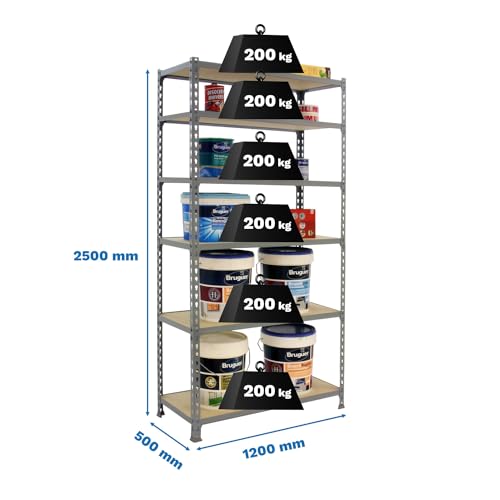 Simon Rack Schwerlastregal, 2500x1200x500 mm, Bis 200 kg Belastbar, 6 Verstellbare Ablagen, MDF-Platten, Kellerregal, Lagerregal, Grau/Holz - Maderclick