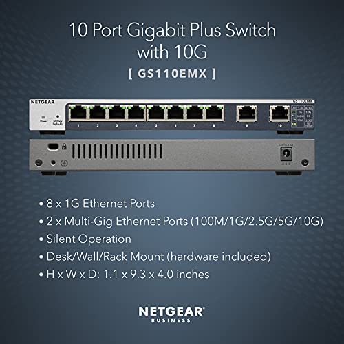 Netgear 10-Port Gigabit/10G Ethernet Plus Switch (Gs110Emx) - Managed, With 8 X 1G, 2 X 10G/Multi-Gig, Desktop, Wall Or Rackmount, And Limited Lifetime Protection #TOP1
