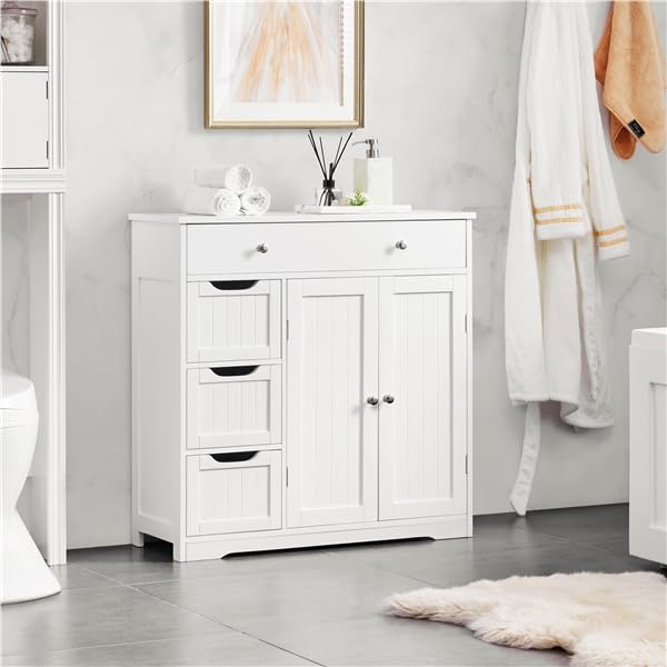 Yaheetech Armadietto da Bagno in MDF con Cassetti e Ripiani Regolabili 81 cm × 30 cm × 81,5 cm Mobiletto Indipendente da Terra Mobile Portaoggetti per Soggiorno/Sala da Pranzo Bianco