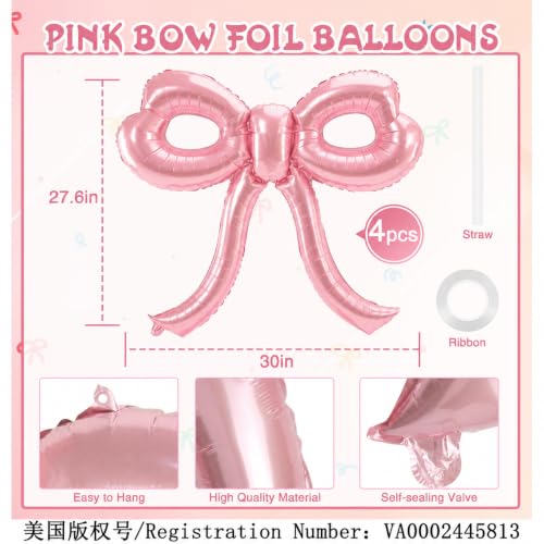 Image of 4 Pcs Pink Bow Balloons Bow Party Decorations for Girl Women Pink Bow Birthday Decorations Giant Foil Balloon for Baby Shower Bridal Engagement Wedding Decor Bachelorette Party Supplies