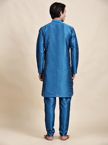 Image of SKAVIJ Men's Art Silk Solid Kurta Pyjama Set Festive Woven Design 2-Piece Ethnic Dress (KP055turquoise Turquoise L)