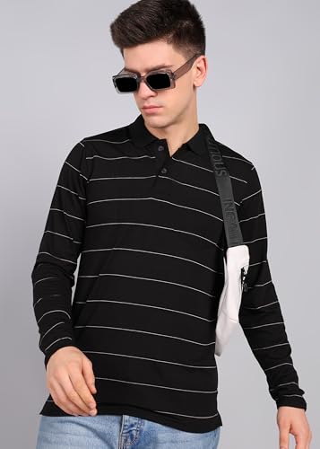 Image of INKKR Men Full Striped Polo Neck Cotton Blend T-Shirt