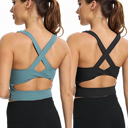 SJBYST Gepolsterter Sport-BH für Frauen, Workout, Laufen, BH, mittlere Unterstützung, bequem, atmungsaktiv, lange BHs, Yoga, Fitnessstudio, Fitness, Übung, Schwarz/Grün, XL Cover