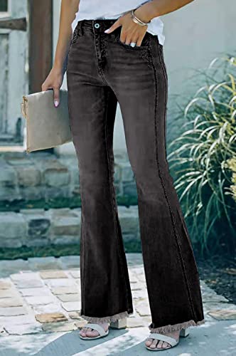 Necooer Womens Plus Size Destroyed Flare Jeans Elastic Waist Bell Bottom Raw Hem Denim Pants Slim Fit (XX-Large,A-Black)2