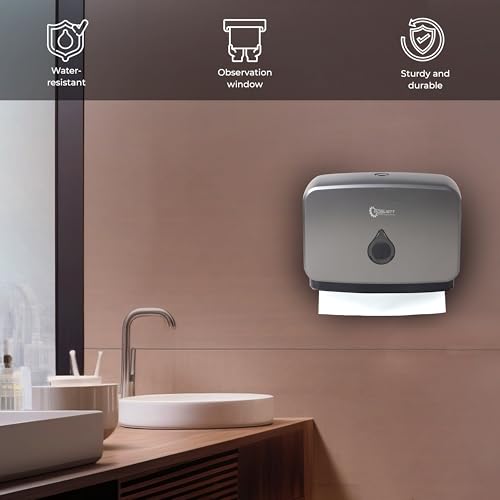 Image of Robustt Wall-Mounted V /N /M Fold Paper Hand Towel Dispenser - Grey (with Adhesive Hooks) | Large Capacity | Durable ABS Material | Water-Resistant | Push Button Lock (Pack of 2)