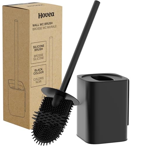 Hovea WC3010 – Kit de cepillo de inodoro colgante – Cepillo de silicona plana y carcasa de metal – Color negro mate – sin taladrar – Fijación de pared con adhesivo o tornillos – Escoba cepillo de aseo