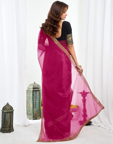 Image of SIRIL Women's Shimmer Net Sequence Embroidery Lace Saree for With Unstitched Blouse Piece
