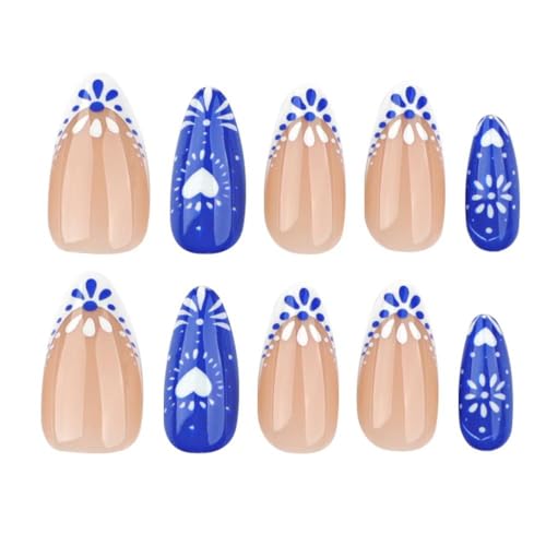 Image of Blue White Totem Press on Nails French Tip Fake Nails Short Almond False Nail with Design Heart Glue on Nails Glossy Artificial Acrylic Full Cover Nude Stick on Nail for Women Manicure 24Pcs