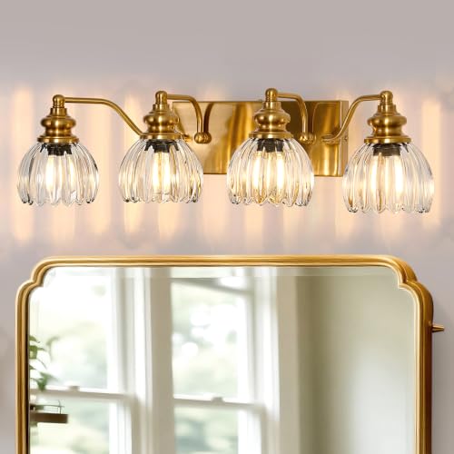Image of Piepooye Vintage Bathroom Lights Fixtures 4 Lights Gold Vanity Light with Glass LampShade E26 Bulb Indoor Vanity Light Over Mirror for Bedroom Living Room Farmhouse Kitchen