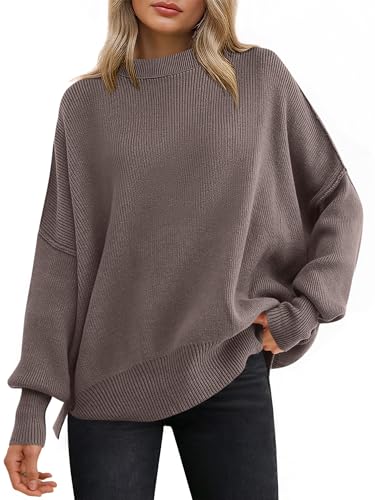 Image of ANRABESS Women Oversized Sweaters Batwing Long Sleeve 2026 Fall Outfits Crewneck Casual Knit Side Slit Fashion Pullover Top