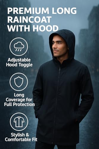 Image of Nephar Classic Men's Waterproof Overcoat with Hood - Wind & Rain Resistant Long Black Raincoat for Bike, Travel & Outdoor (Multisize)