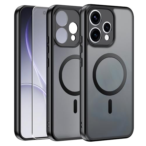 Effcotuo Cover Magnetica per OPPO Reno 15 5G Custodia con MagSafe con Pellicola Protettiva Vetro Temperato, Silicone Morbido + Acrilico Ghiacciato Case, Traslucida Posteriore Case - Nero