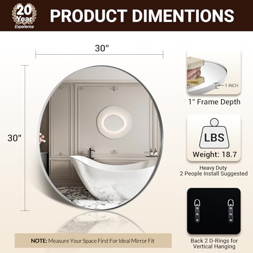 Image of ANDY STAR Round Chrome Mirror, 30 inch Round Chrome Mirror, Circle Bathroom Mirror for Bathroom in Stainless Steel Metal Frame