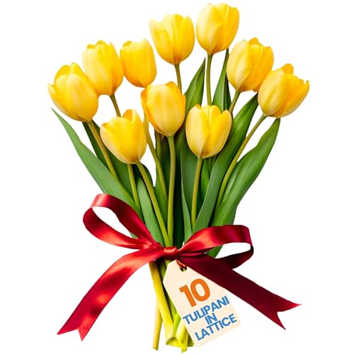 levante group – Tulipani Finti Realistici in Lattice Giallo – Mazzo di Fiori Artificiali Realistici per Decorazioni Casa, Ufficio, Eventi – Tulipani Finti 10pz