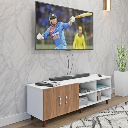 Image of VIKI Modern TV Unit for Living Room | Engineered Wood TV Cabinet with 2 Door Storage & 2 Open Shelves, Entertainment Unit, 140W x 48H x 40D cm | DIY | 1 Year Warranty (White & Walnut)