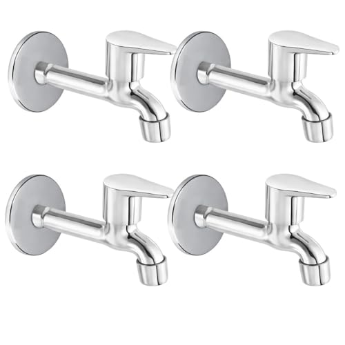Image of Furiq Bath Fusion Stainless Steel Tap Long Body Taps for Bathroom Kitchen Chrome Finish & Quarter Turn Fitting (Wall Flange and Teflon Tape) Pack of 4