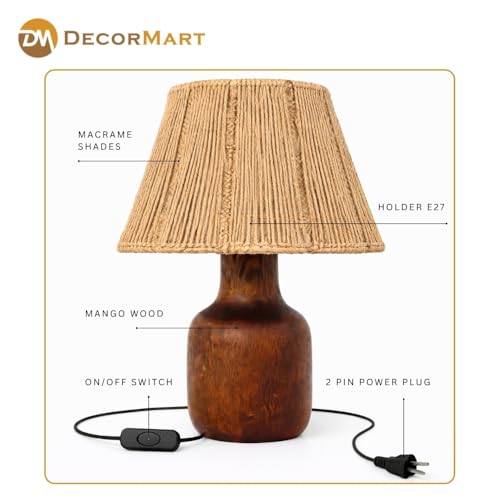 Image of The Decor Mart Jute Shade Table Lamp with Wooden Base|Sleek Decor Decorative Beside Light for Desk,Bedroom, Living Room, Home Office and Hotel(20x20x30 cm) (Brown)