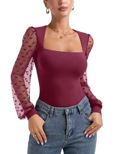 Image of PINKMSTYLE Women's Square Neck Double Lined Mesh Long Sleeve Bodysuits