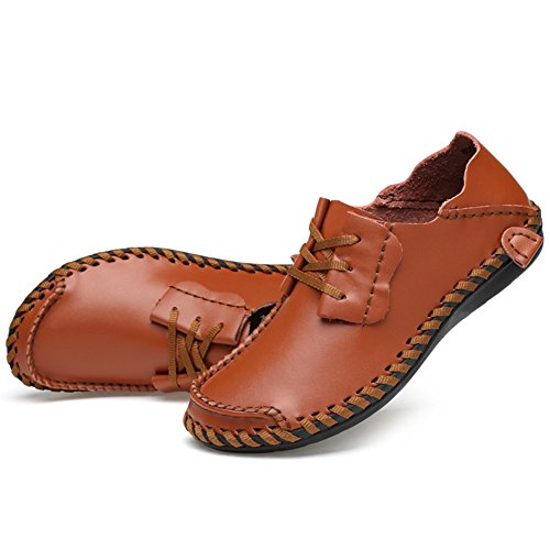 Men's Hand Stitched Leather Loafers Lace Up Round Toe Comfort Walking Shoes Flats4