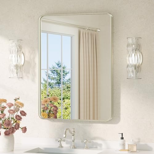 Image of TETOTE Brushed Nickel Mirror 22 x 30 Brushed Nickel Metal Framed Bathroom Mirror, Tempered Glass, Modern Farmhouse Wall Mounted Mirror for Decorative(Horizontal /Vertical)