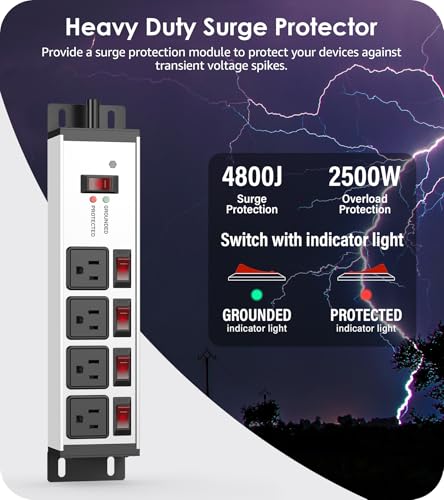 Image of CCCEI 2PCS Heavy Duty Power Strip Surge Protector 20 AMP Individual Switches. 12 Gauge Extension Cord with Multiple Outlets. Garage, Shop, Industrial Wall Mount Electric Extender. 15FT, Silver.