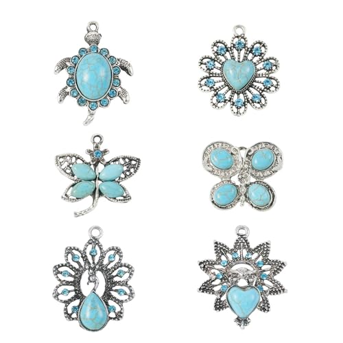 PandaHall 6pcs Tibetan Style Turquoise Charms Pendants Flower Butterfly Dragonfly Tortoise Connector Link Charms for Earrings Necklaces Jewelry Making