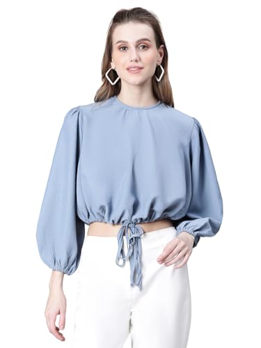 Image of oxolloxo Women Animal Print Round Neck Long Sleeve Elasticated Tie-Up Crop Top