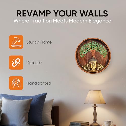 Image of AAKRITI ART CREATIONS Nirvana Buddha Wall Art, Handcrafted Wooden Decor Featuring Bodhi Tree and Buddha Head, Dhokra Art Set of 1, Multi Color | Matte Finish Mango Wood | Living Room, Bedroom, Office