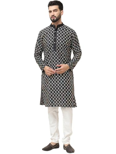 Image of SOJANYA, Men's Silk Blend NavyBlue Kurta with Multi Color Embroidery and Off-White Pyjama
