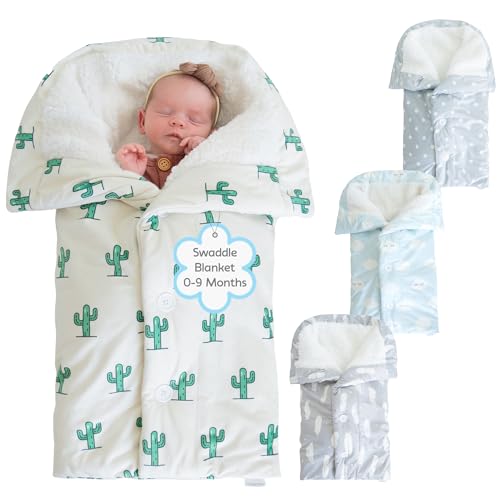 Image of Snuggle Baby Swaddle Blanket for Baby Boy or Girl 0-9 Months - Multi Use Baby Wrap Swaddle - Soft, Plush Exterior and Warm Fleece Interior Lining Keep Newborn Snug and Cozy - Green Cactus