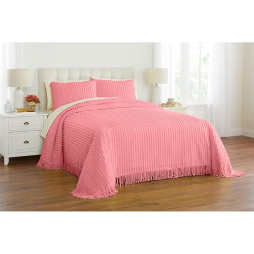 BrylaneHome Oversized Extra Wide Cotton Chenille Bedspread with Fringed Hems - Full, Flamingo Pink