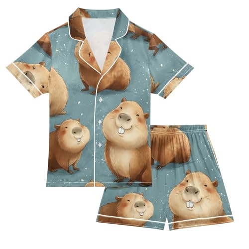 Satin Pajama Sets Short Sleeve Happy Capybara Pattern Print Button Down Silky Nightwear 2 Piece PJS 5-14Y
